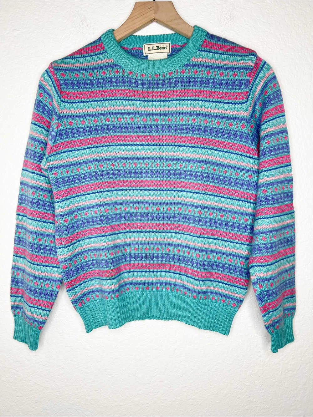 LL Bean Vintage Fair Isle Sweater Teal Pink Wool Blend Crew Neck size Small